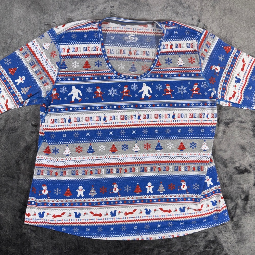 Brooks Run Merry Christmas Long Sleeve Shirt Blue Holiday Sasquatch XXL 221404 - Picture 2 of 11